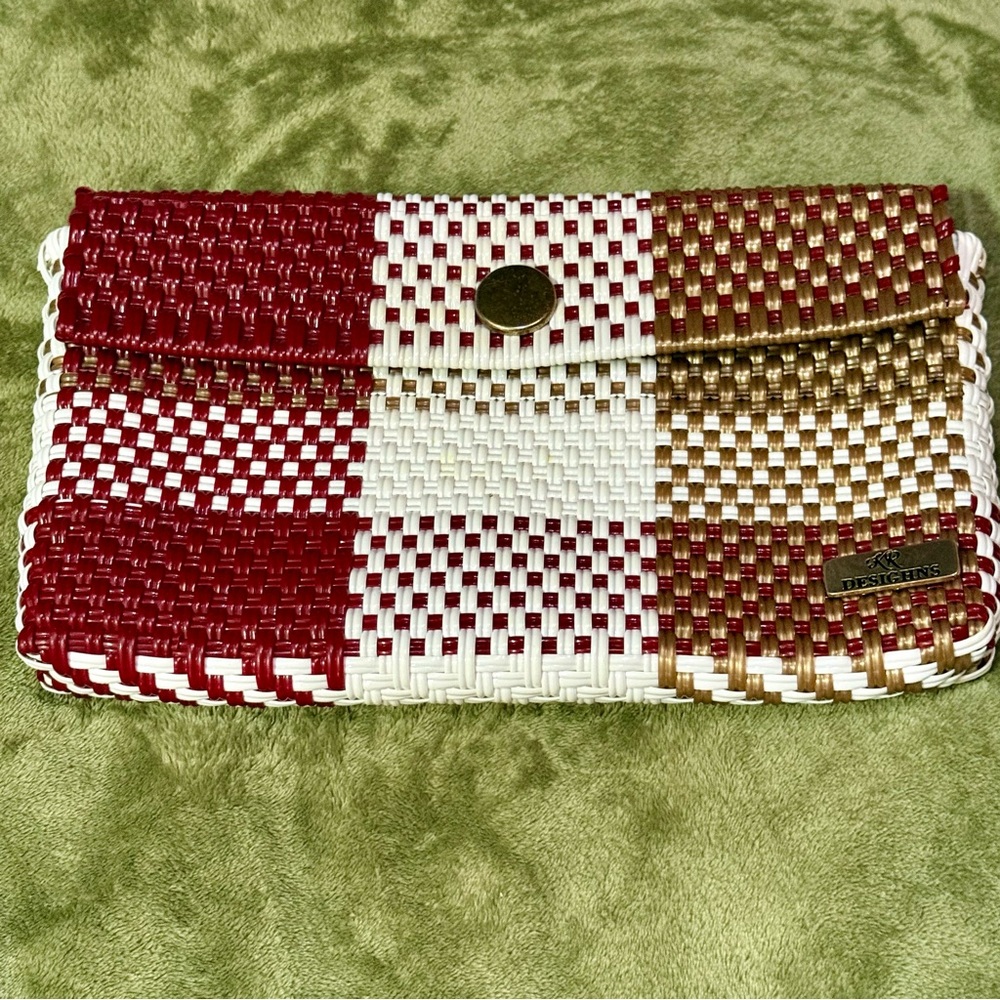 KR Designs Woven Clutch Bag Made in Mexico Red White Gold Block Retro Purse